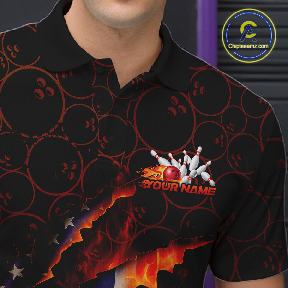 Custom Patriotic Flame Men Bowling Team Shirt, US Flag Bowling League Team Shirt IPHW10192