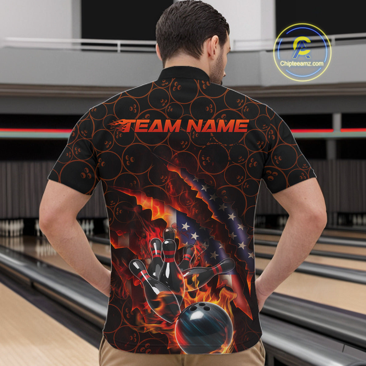 Custom Patriotic Flame Men Bowling Team Shirt, US Flag Bowling League Team Shirt IPHW10192