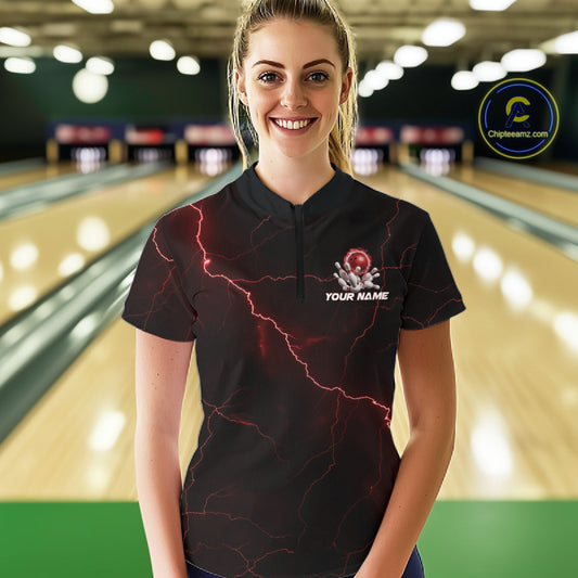 Custom Red Thunder Lightning Flame Bowling Ball Women Bowling Team Shirt Bowler Outfit IPHW10672
