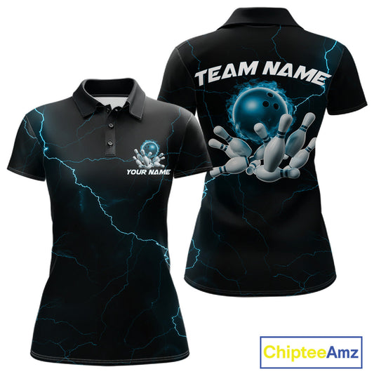 Custom Blue Thunder Lightning Flame Bowling Ball Women Bowling Team Shirt Bowler Outfit IPHW10674