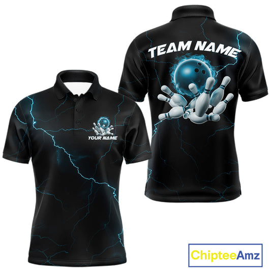 Custom Blue Thunder Lightning Flame Bowling Ball Men Bowling Team Shirt Bowler Outfit IPHW10674