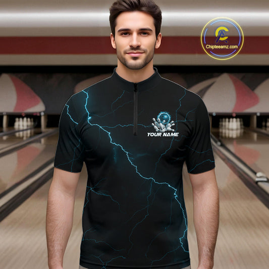 Custom Blue Thunder Lightning Flame Bowling Ball Men Bowling Team Shirt Bowler Outfit IPHW10674