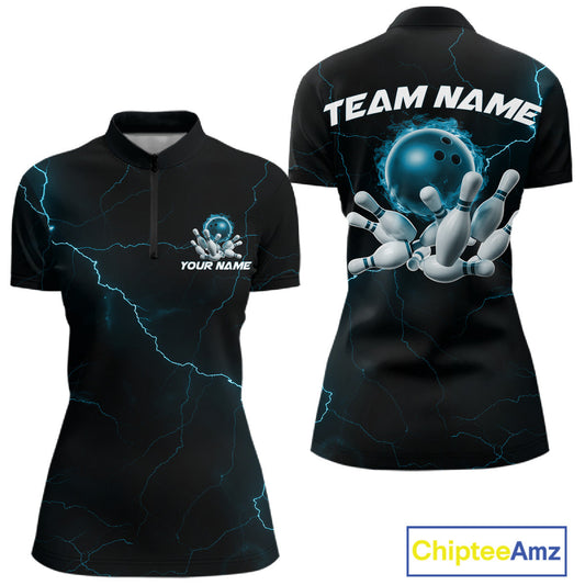 Custom Blue Thunder Lightning Flame Bowling Ball Women Bowling Team Shirt Bowler Outfit IPHW10674