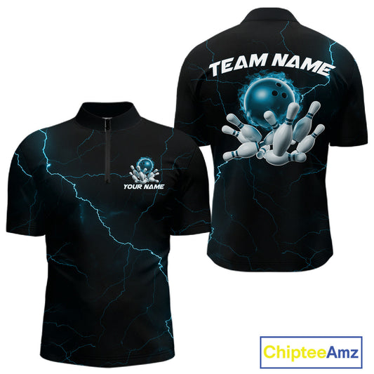 Custom Blue Thunder Lightning Flame Bowling Ball Men Bowling Team Shirt Bowler Outfit IPHW10674