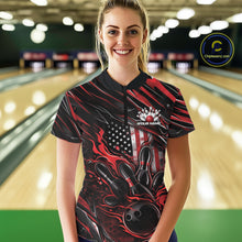 Load image into Gallery viewer, Custom Red American Flag Flame Women Bowling Quarter-Zip Shirt, Patriotic Bowling Jersey IPHW11175
