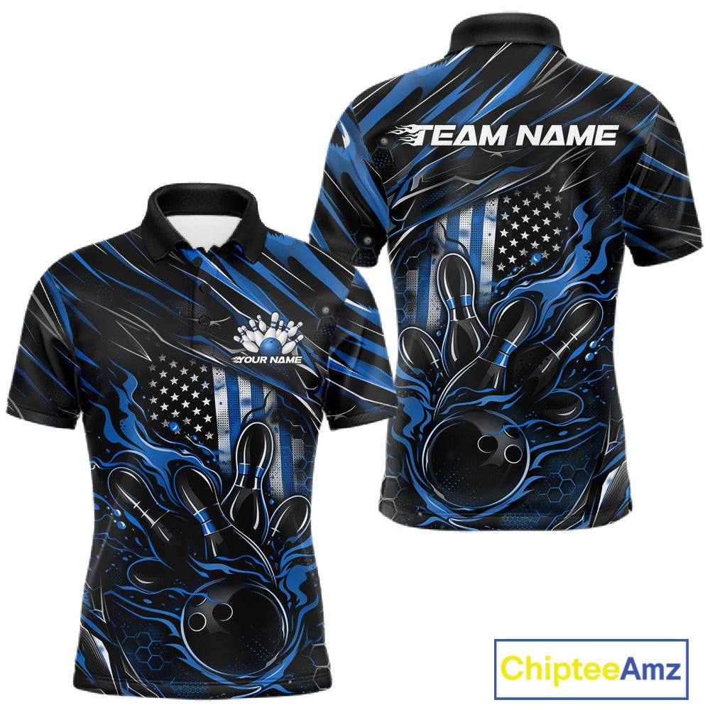 Front and back mockup of a black and blue men’s bowling polo shirt showcasing a patriotic flaming bowling ball striking pins with an American flag theme.