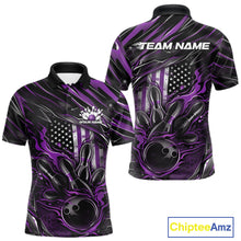 Load image into Gallery viewer, Custom Purple American Flag Flame Men Bowling Polo Shirt, Patriotic Bowling Jersey IPHW11177