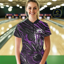 Load image into Gallery viewer, Custom Purple American Flag Flame Women Bowling Shirt, Patriotic Bowling Jersey IPHW11177