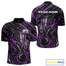 Load image into Gallery viewer, Custom Purple American Flag Flame Men Bowling Quarter-Zip Shirt, Patriotic Bowling Jersey IPHW11177