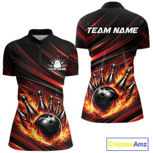 Load image into Gallery viewer, Custom Red Orange Fire Flame Bowling Team Women Quarter-Zip Shirt, Bowling League Shirt IPHW11185