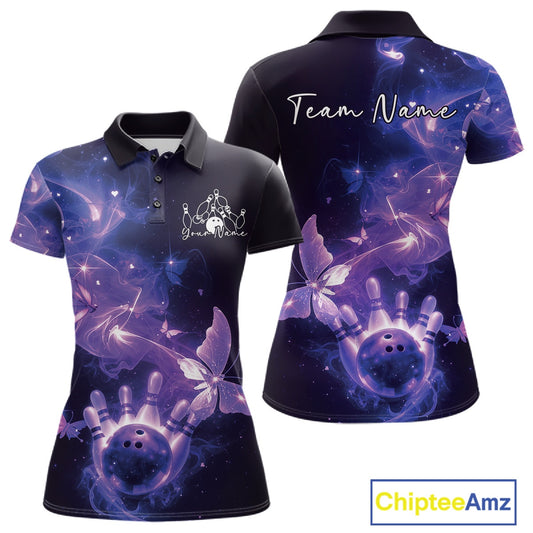 Custom Purple Galaxy Butterfly Bowling Women Polo Shirt, Ladies Bowling Team Outfit IPHW10881