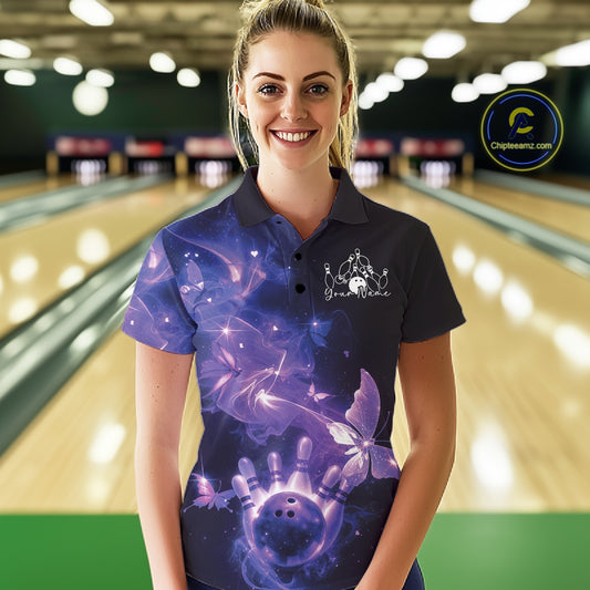 Custom Purple Galaxy Butterfly Bowling Women Polo Shirt, Ladies Bowling Team Outfit IPHW10881