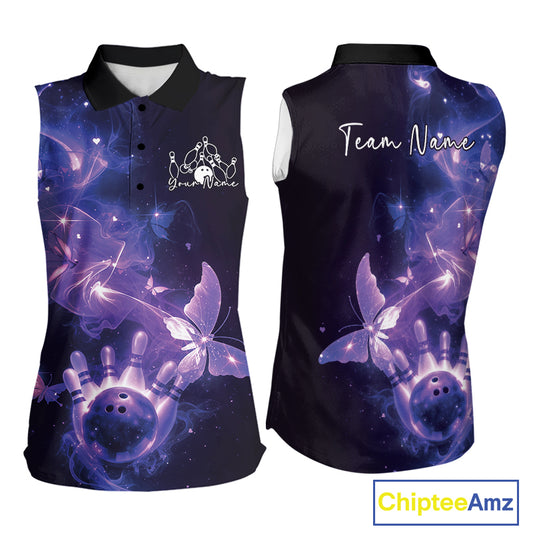 Custom Purple Galaxy Butterfly Bowling Women Sleeveless Polo Shirt, Ladies Bowling Team Outfit IPHW10881