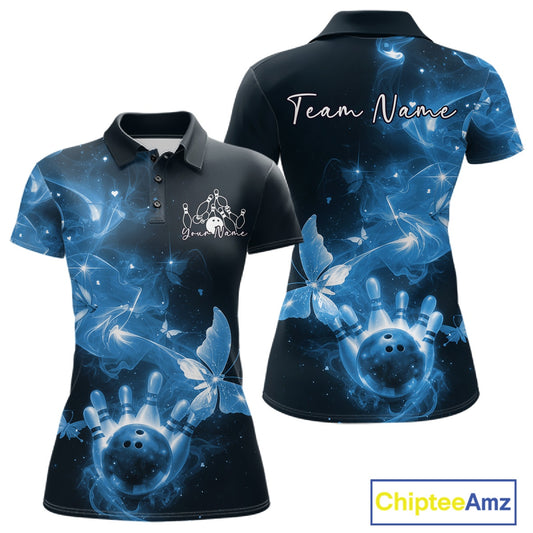 Custom Blue Galaxy Butterfly Bowling Women Polo Shirt, Ladies Bowling Team Outfit IPHW10883