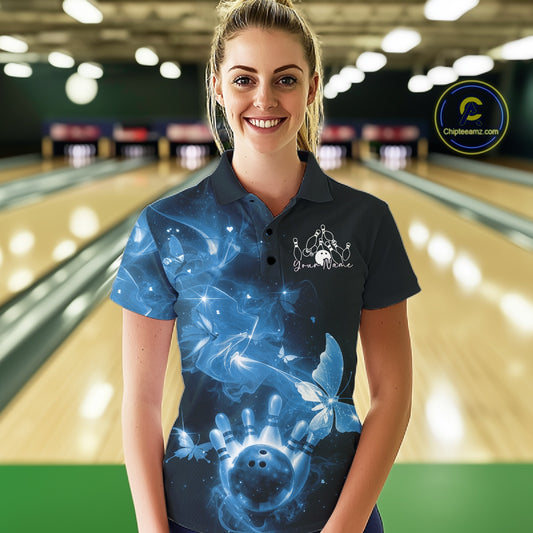 Custom Blue Galaxy Butterfly Bowling Women Polo Shirt, Ladies Bowling Team Outfit IPHW10883