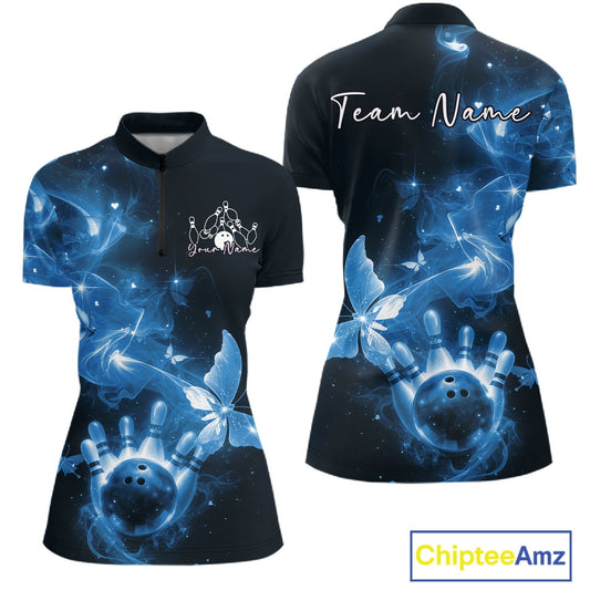 Custom Blue Galaxy Butterfly Bowling Women Quarter-Zip Shirt, Ladies Bowling Team Outfit IPHW10883