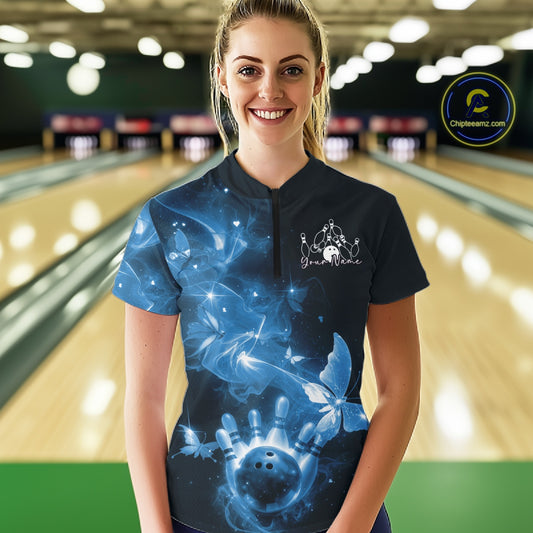 Custom Blue Galaxy Butterfly Bowling Women Quarter-Zip Shirt, Ladies Bowling Team Outfit IPHW10883