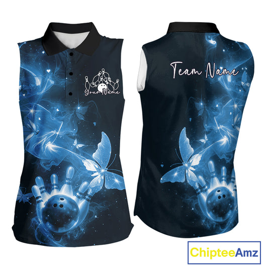 Custom Blue Galaxy Butterfly Bowling Women Sleeveless Polo Shirt, Ladies Bowling Team Outfit IPHW10883