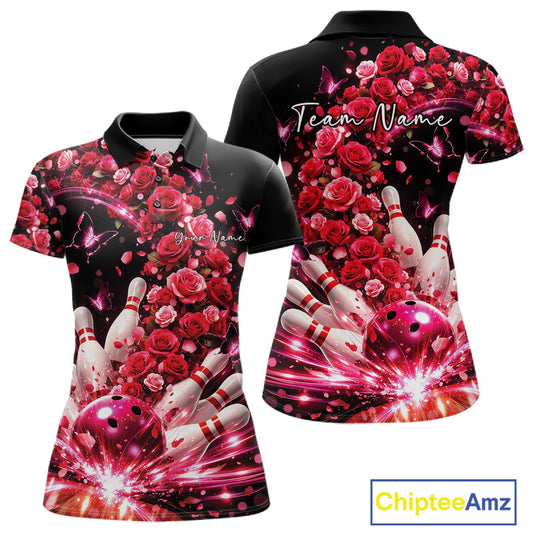 Custom Beautiful Red Roses And Butterfly Women Bowling Team Shirt, Bowling League Shirt IPHW10888