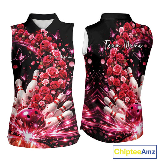 Custom Beautiful Red Roses And Butterfly Women Bowling Team Shirt, Bowling League Shirt IPHW10888