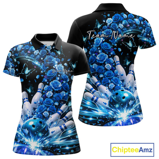 Custom Beautiful Blue Roses And Butterfly Women Bowling Team Shirt, Bowling League Shirt IPHW10889