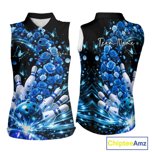 Custom Beautiful Blue Roses And Butterfly Women Bowling Team Shirt, Bowling League Shirt IPHW10889