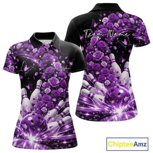 Custom Beautiful Purple Roses And Butterfly Women Bowling Team Shirt, Bowling League Shirt IPHW10890