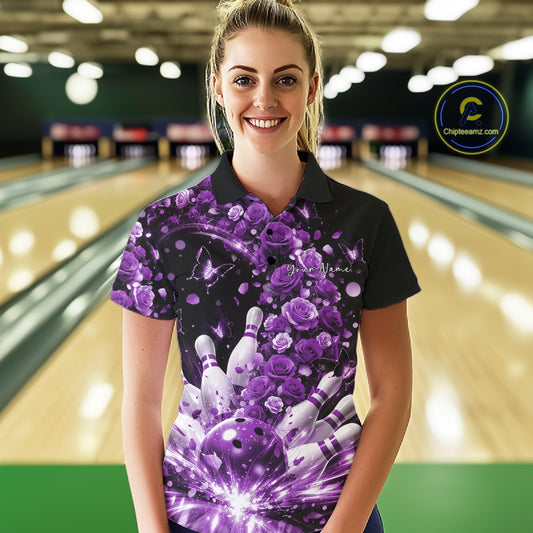 Custom Beautiful Purple Roses And Butterfly Women Bowling Team Shirt, Bowling League Shirt IPHW10890