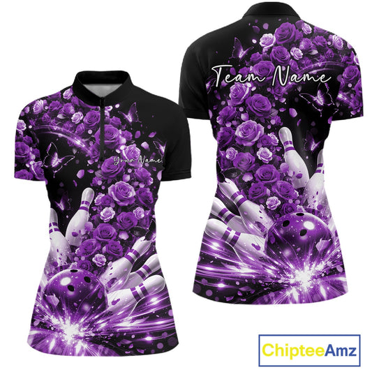 Custom Beautiful Purple Roses And Butterfly Women Bowling League Team Shirt IPHW10890