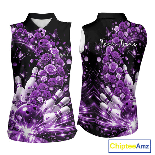 Custom Beautiful Purple Roses And Butterfly Women Bowling Team Shirt, Bowling League Shirt IPHW10890