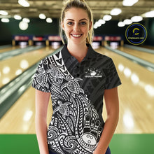 Load image into Gallery viewer, Custom Black And White Polynesian Tribal Turtle Bowling Women Polo Team Shirts Outfit IPHW10977