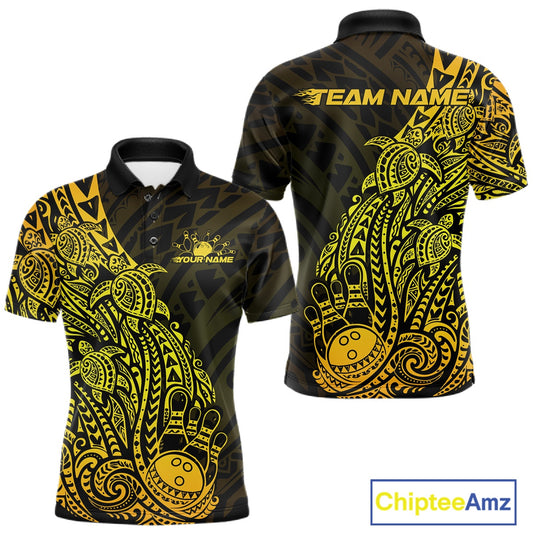 Front and back views of a black and gold mens bowling polo shirt showcasing bowling ball and pin artwork with turtle Polynesian accents.