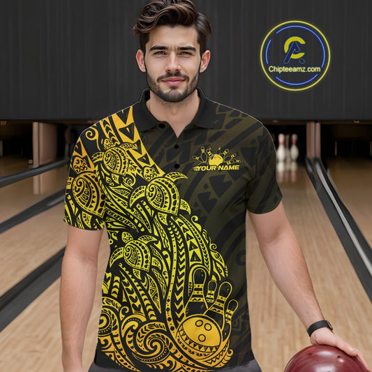Male model wearing a black and gold bowling polo shirt at the bowling lane with tribal-inspired bowling motifs.