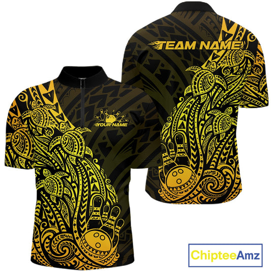 Front and back views of a black and gold mens bowling quarter-zip shirt showcasing bowling pins and a ball with Polynesian-inspired artwork.