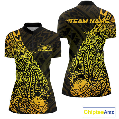 Front and back views of a black and gold womens bowling quarter-zip shirt with bowling ball and pin artwork accented by tribal swirls.