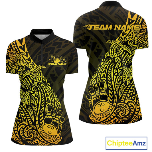 Front and back views of a black and gold womens bowling quarter-zip shirt with bowling ball and pin artwork accented by tribal swirls.