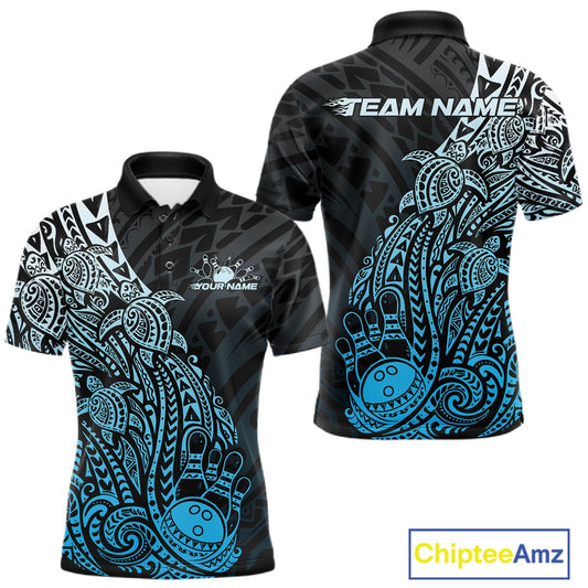 Front and back views of a black and blue mens bowling polo shirt featuring bowling pins and a ball surrounded by tribal swirls and turtle patterns.