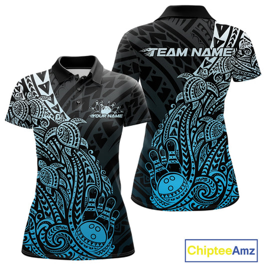 Front and back views of a black and blue womens bowling polo shirt showcasing bowling pins and a ball surrounded by tribal swirl patterns.