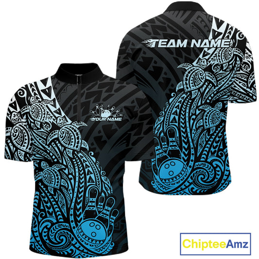 Front and back views of a black and blue mens bowling quarter-zip shirt featuring bowling artwork surrounded by Polynesian tribal swirls.