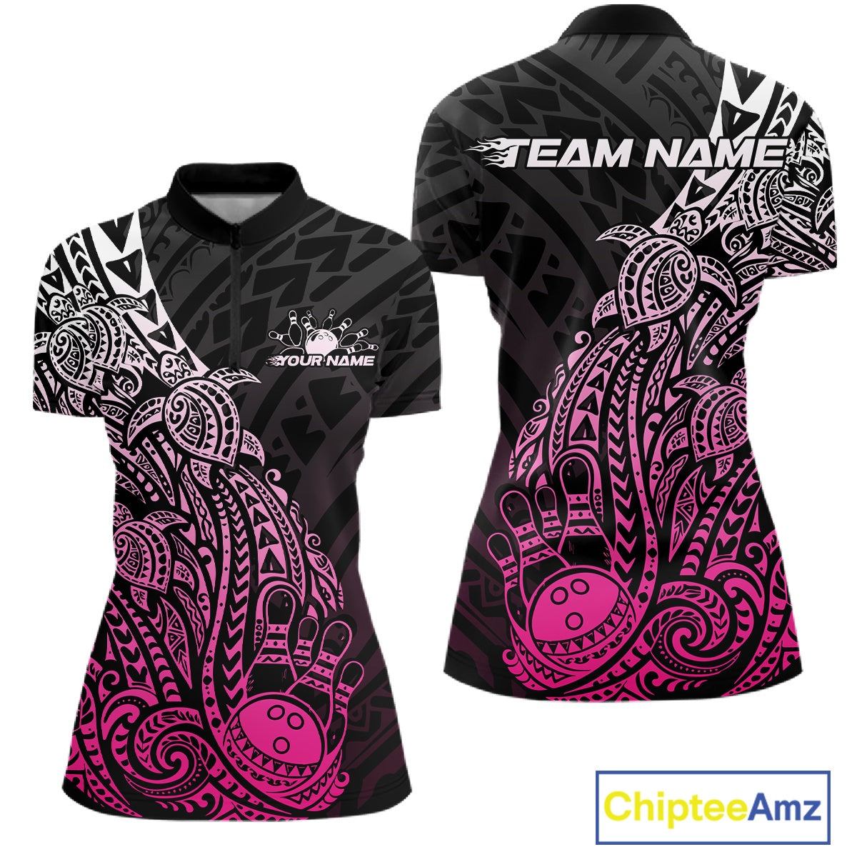 Front and back views of a black and pink womens bowling quarter-zip shirt showcasing bowling ball and pin graphics framed by tribal swirls and turtle patterns.