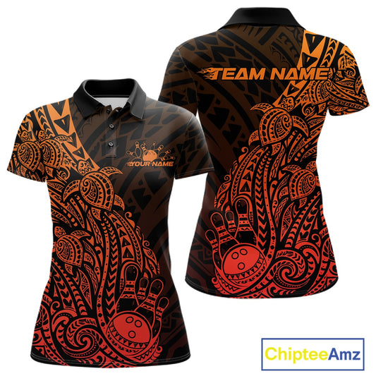 Front and back views of a black and red orange womens bowling polo shirt featuring bowling artwork surrounded by tribal swirls and Polynesian accents.