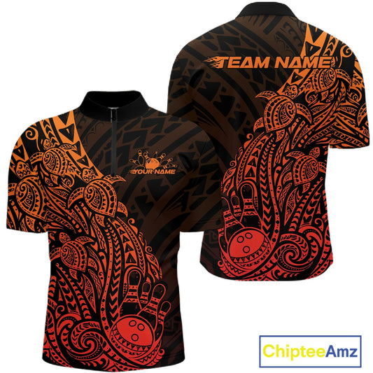 Front and back views of a black and red orange mens bowling quarter-zip shirt featuring bowling pins and a ball surrounded by tribal swirls.