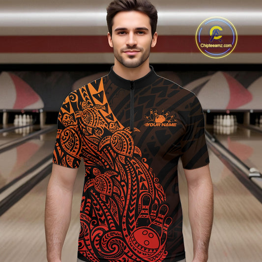 Male model wearing a black and red orange bowling quarter-zip shirt at the bowling lane with turtle-inspired Polynesian bowling graphics.