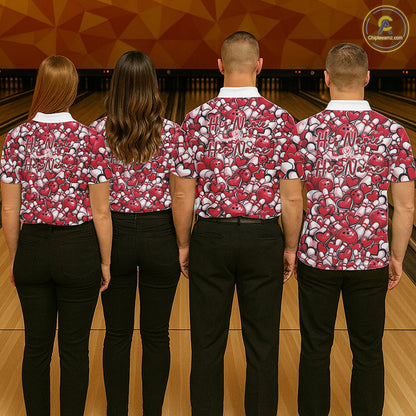Custom Red Heart Theme Valentine Bowling Couple Shirt, Love Bowling Jerseys With His Name And Her Name IPHW10477