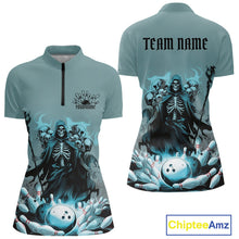 Load image into Gallery viewer, Custom Blue Flame Grim Reaper Bowling Men Quarter-Zip Shirts, Piles Of Skull Halloween Outfit IPHW9897