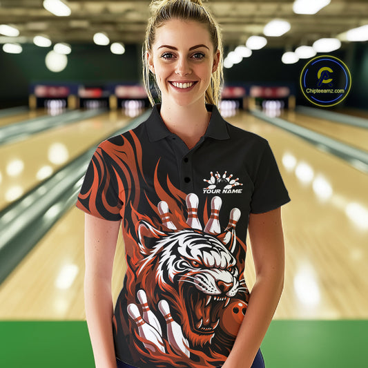 Custom Black And Orange Tiger Women Bowling Jerseys, Tiger Bowling Team League Shirt IPHW10162