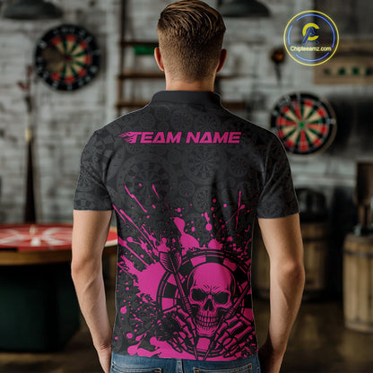 Custom Black And Pink Splatter Dart Skull Men Polo Shirt, Dart Bone Halloween Team Jerseys IPHW9949