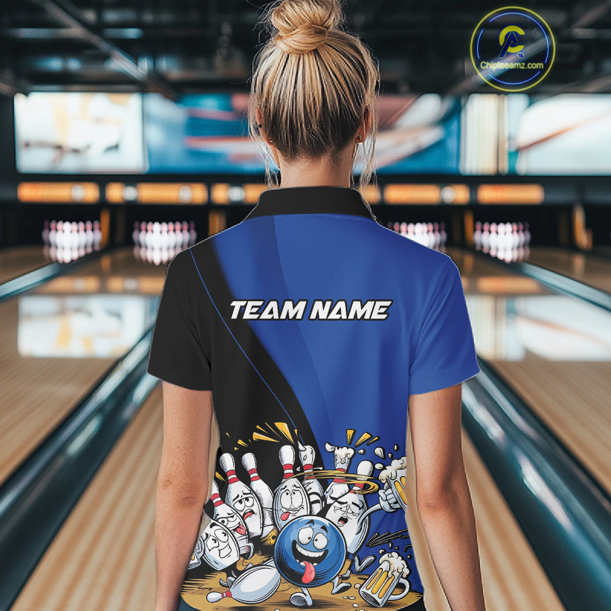 Custom Blue Funny Bowling Women Polo Shirts, Bowling And Beer Party Bowlers Outfit IPHW10818