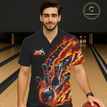 Load image into Gallery viewer, Custom Patriotic Flame Men And Women Bowling Team Shirt, US Flag Bowling League Team Shirt IPHW10193