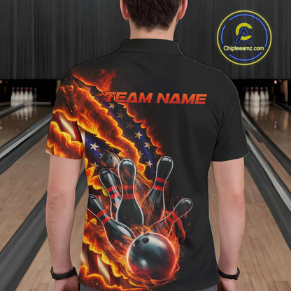 Custom Patriotic Flame Men Bowling Team Shirt, US Flag Bowling League Team Shirt IPHW10193